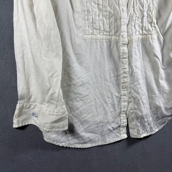 Lauren Ralph Lauren Women 1X Cream Linen Pintuck Band Collar Button Up Shirt LRL - Picture 4 of 7